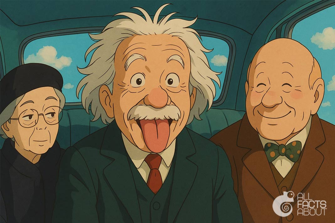 Albert Einstein's iconic tongue-out photo taken on his 72nd birthday Einstein sticking his tongue out while sitting in a car with Marie Aydelotte and Dr. Frank Aydelotte