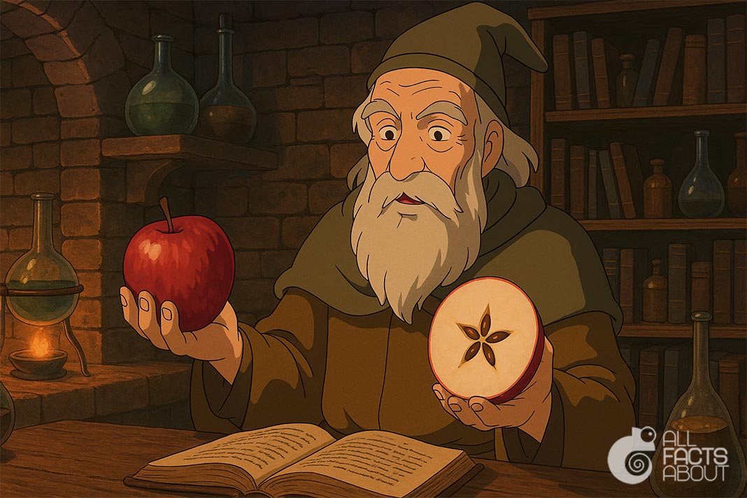 The Hidden Five-Pointed Star in an Apple Slice. The Pentagram Inside a Sliced Apple.