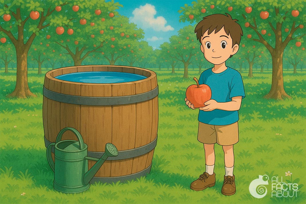 A lot of water for just one apple. One apple and a large water barrel show how much water is needed.