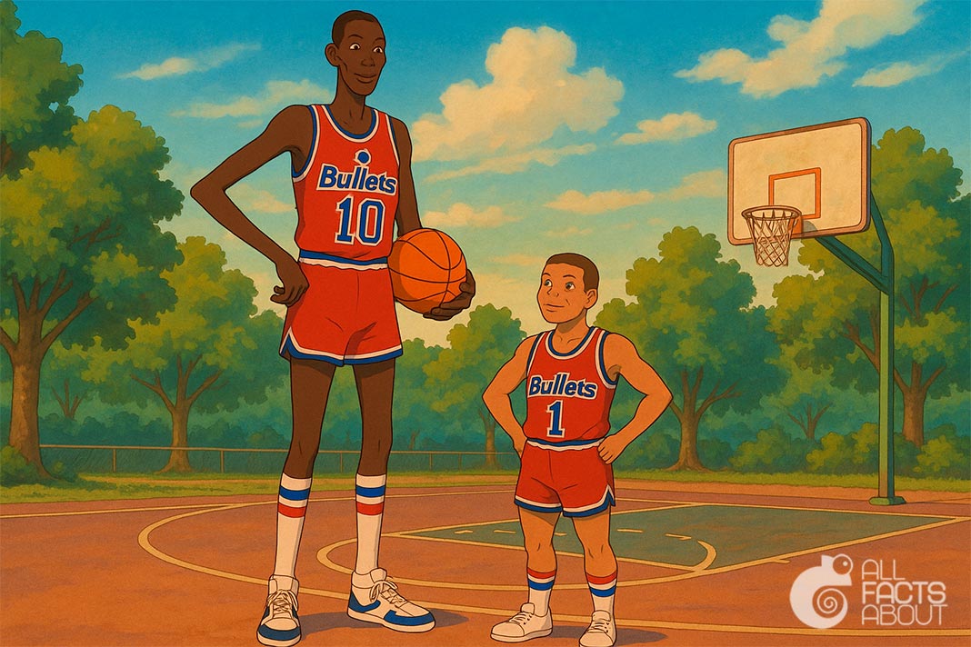 Manute Bol and Muggsy Bogues played for the Washington Bullets (now Wizards). Manute Bol and Muggsy Bogues played for the Washington Bullets (now known as the Washington Wizards).