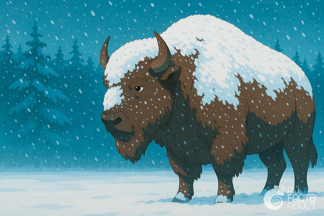 A bison’s thick fur shields it from extreme cold. Bison are protected from harsh winter weather by their fur.