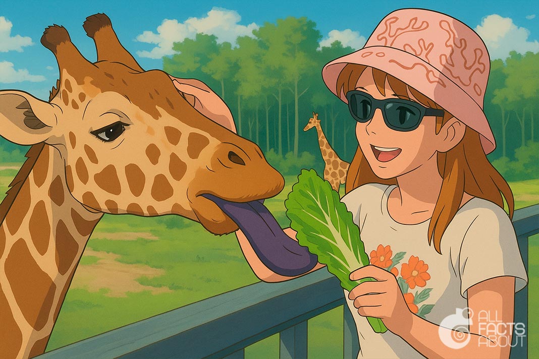 Giraffes have long blue-purple tongues. Giraffes possess long blue-purple tongues.