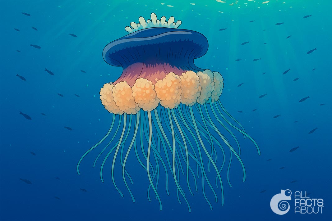The jellyfish Cephea cephea (crown jellyfish) looks and glows like a royal jewel. With its glowing body and regal form, Cephea cephea resembles a jewel from the deep sea.