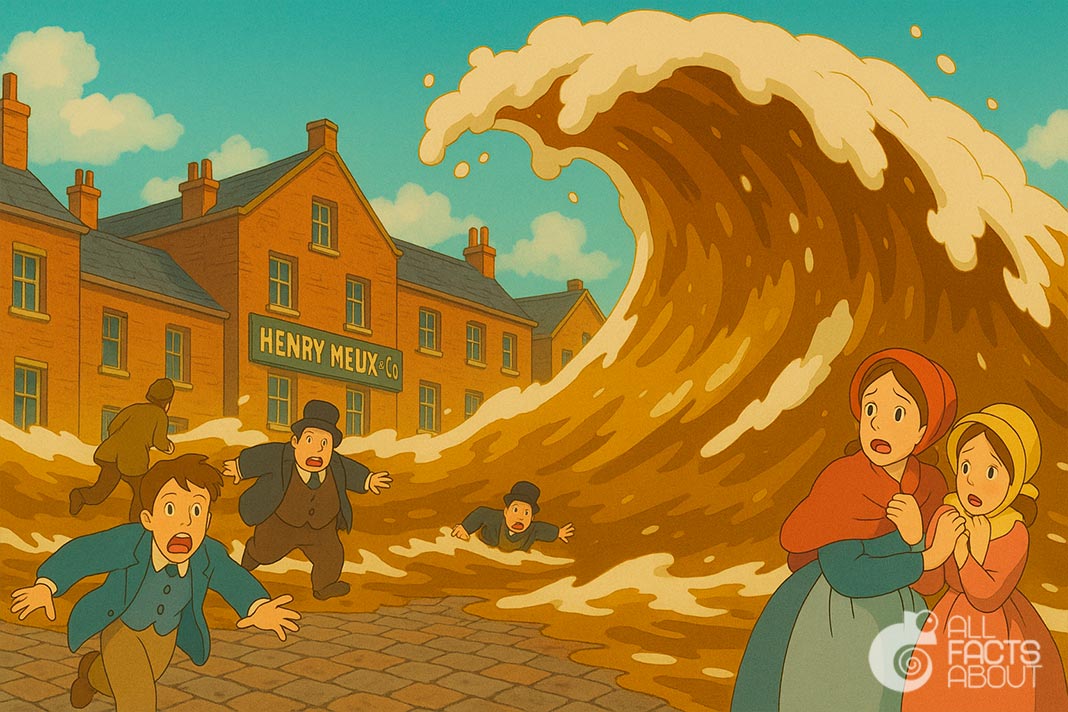 Henry Meux & Co Brewery in London, where a massive beer vat rupture caused the London Beer Flood. Henry Meux & Co Brewery, location of the London Beer Flood.