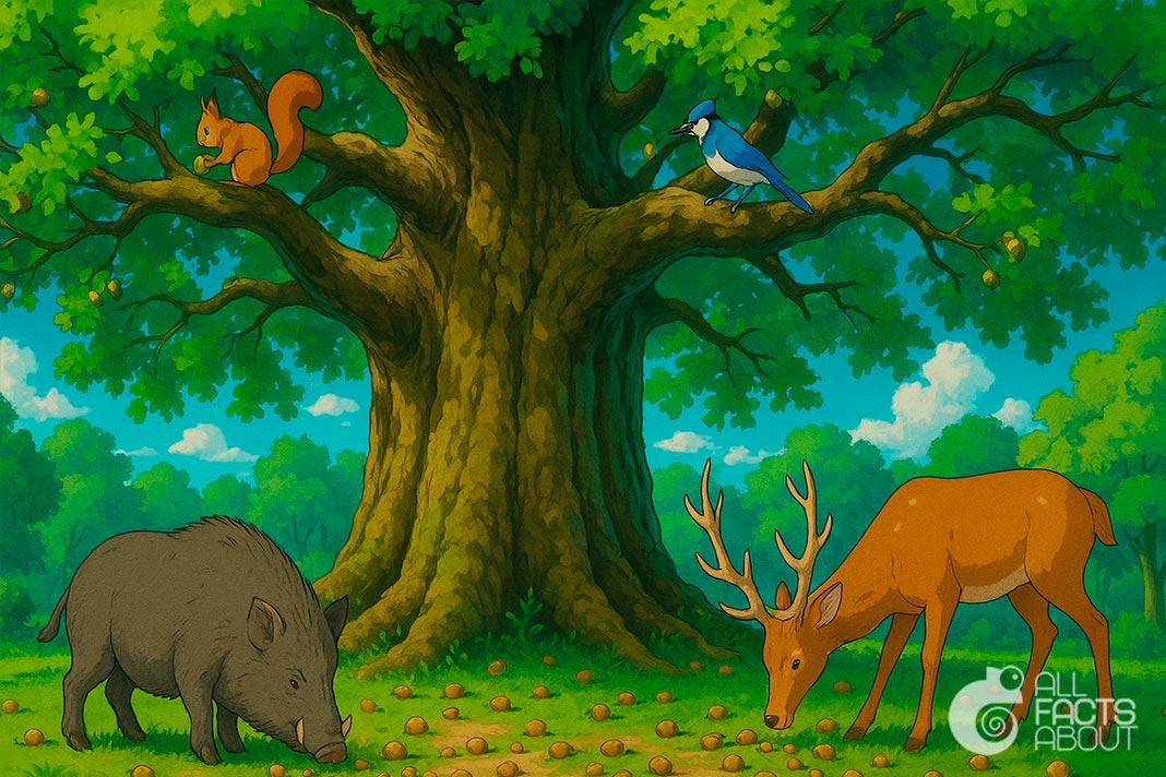 Many animals rely on acorns as an important part of their diet. Acorns provide essential nourishment to many animal species.