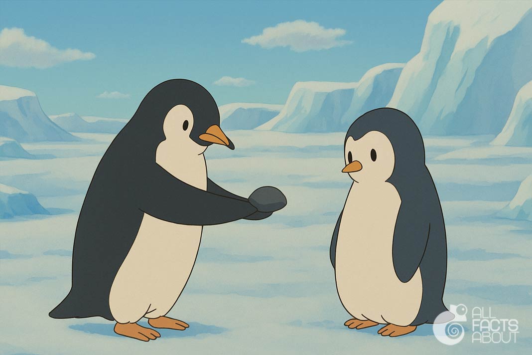 Adelie penguins attract mates by gifting pebbles – a unique part of their courtship and nest-building behavior. Adelie penguin offering a pebble to its mate as part of a nesting ritual.