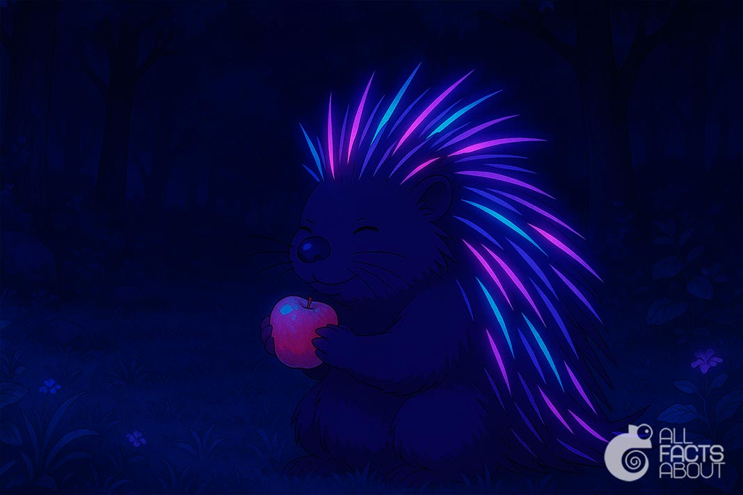 Porcupine quills glowing in the dark under UV light. Porcupine quills glow under UV light.