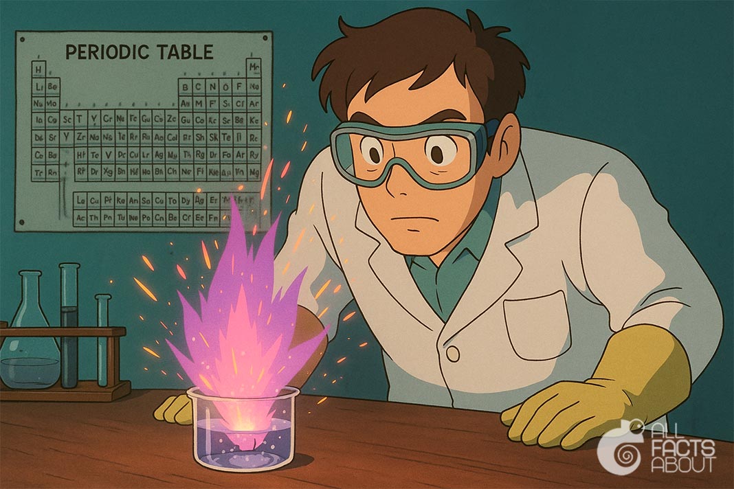 Potassium metal reacting explosively with water, producing flames and hydrogen gas bubbles.