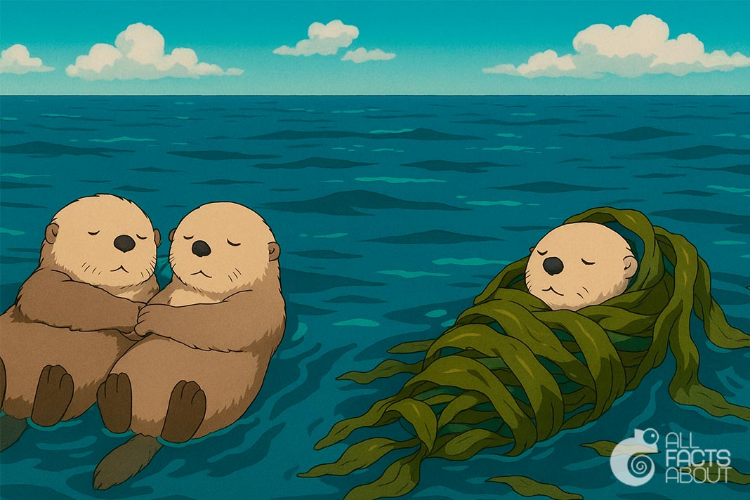 Sea otters sleeping on their backs, holding paws. Sleeping sea otters holding paws.