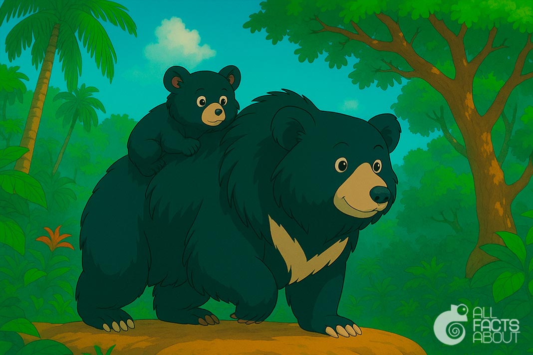 Sloth bear mother carrying her cubs on her back. A sloth bear walking with her cubs riding on her back.