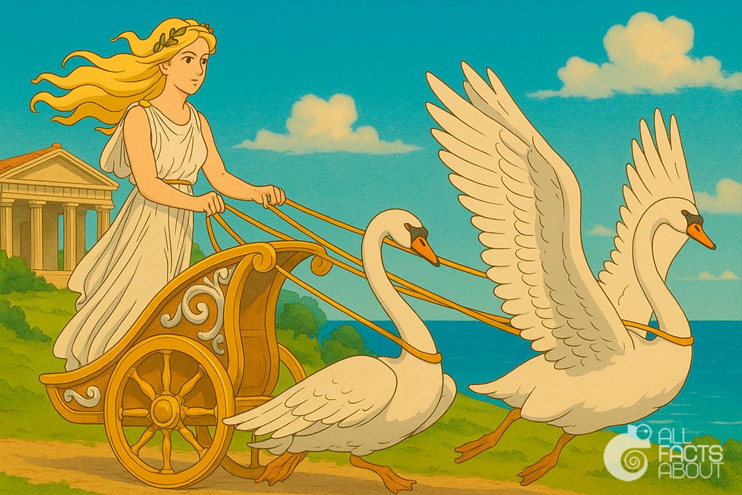 Venus in a chariot drawn by swans. Venus riding a chariot pulled by two swans, symbolizing beauty and love.