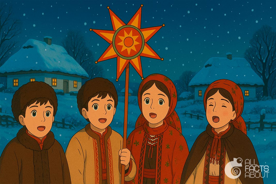 Traditional Ukrainian carolers celebrating Christmas. Ukrainian Christmas carolers in traditional attire.