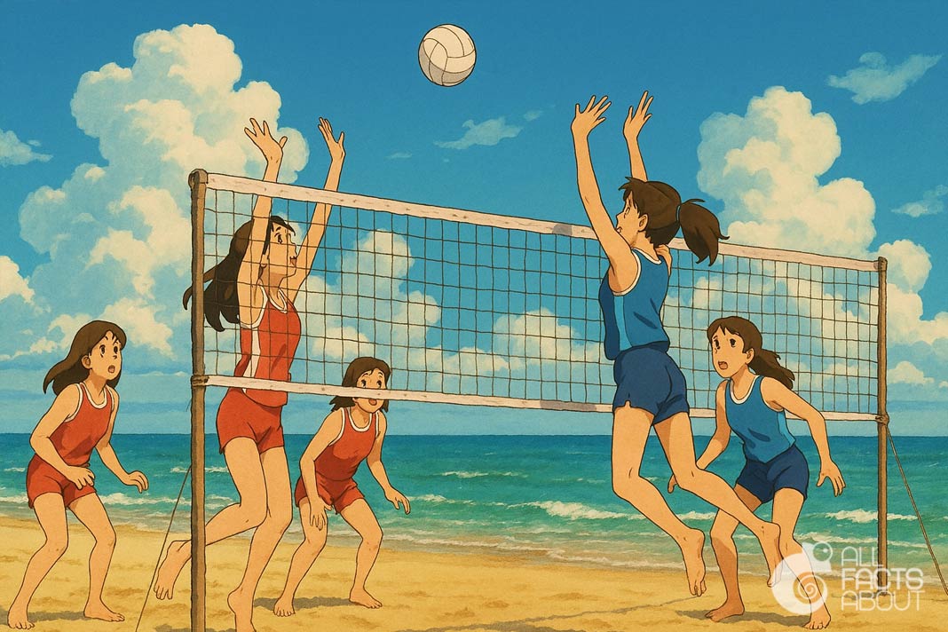 The Birth of Beach Volleyball Players competing in a game of beach volleyball on a sunny beach