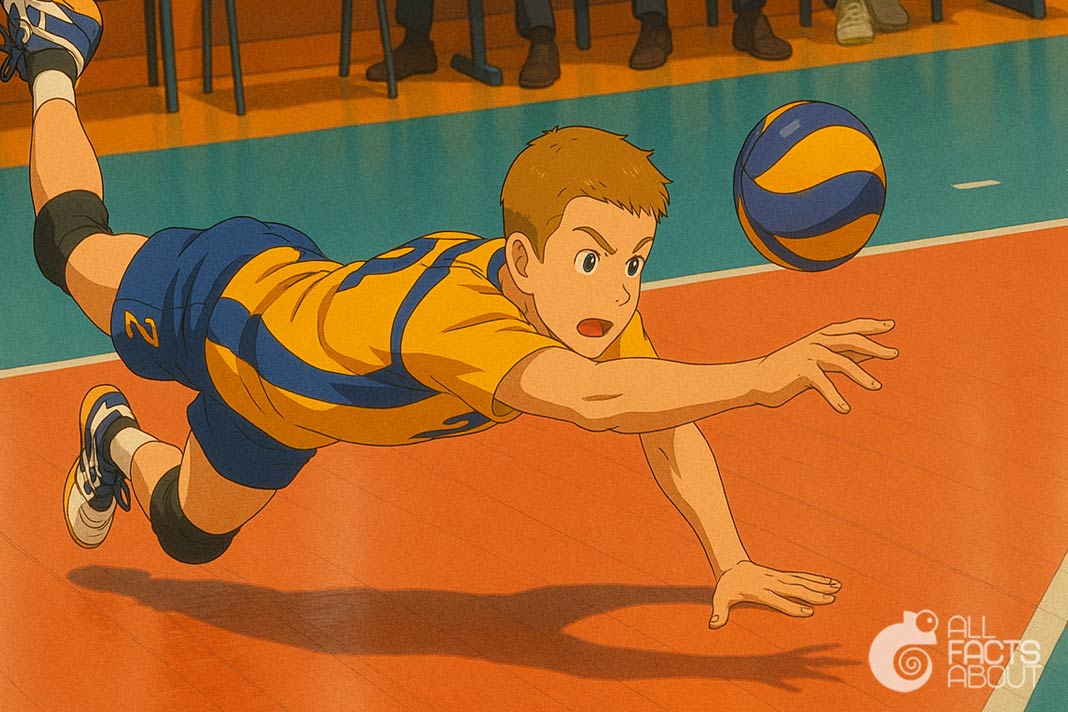 The Volleyball Dive or Pancake Save A player performing a dramatic dive or pancake move to save the ball just before it hits the ground