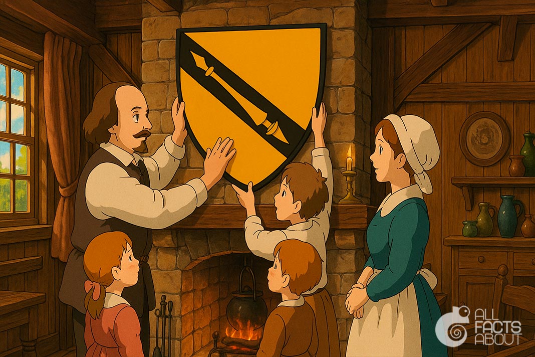 Shakespeare family coat of arms featuring a spear, symbolizing the playwright's name. Shakespeare Family Coat of Arms.